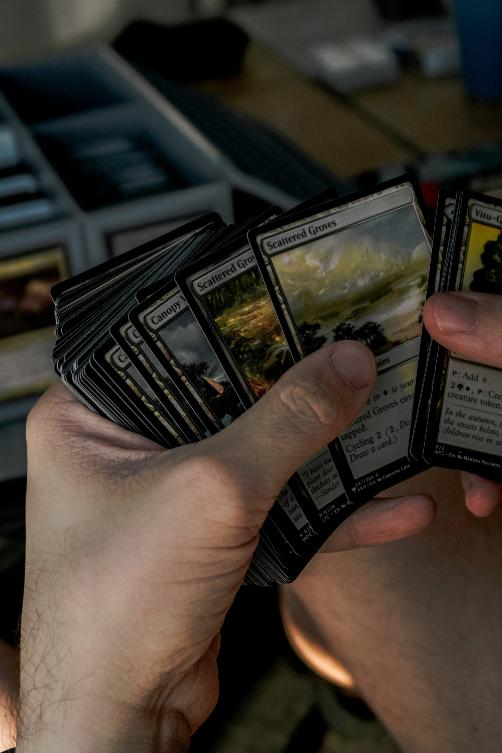 Decorative image of a person holding several MTG cards in their hand.