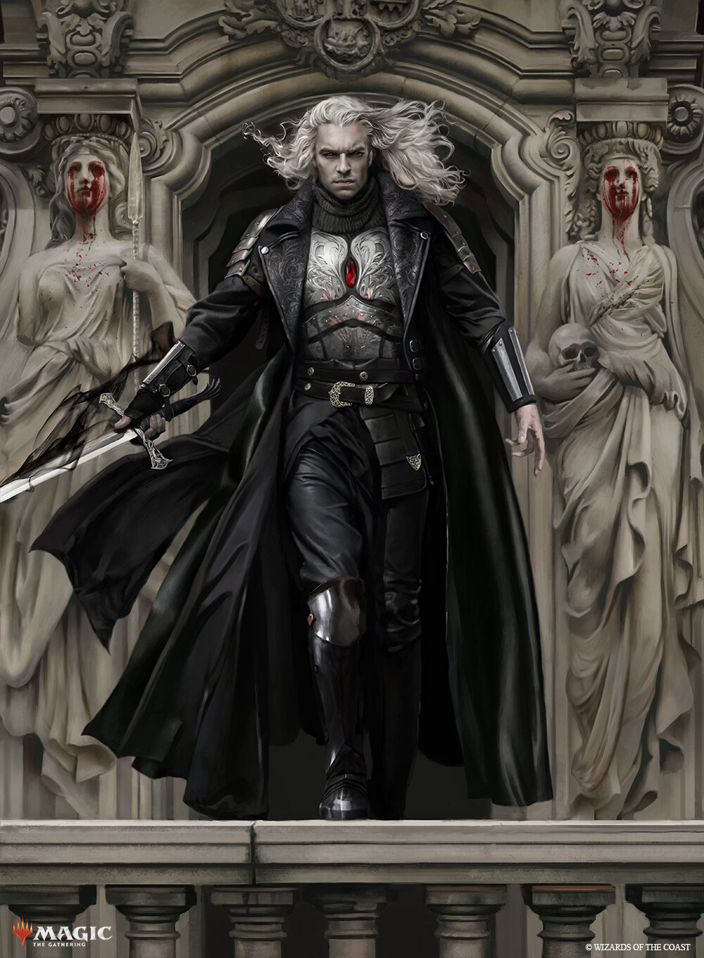 Decorative image of a man with white hair, a black cloak, armor, and a sword on a balcony rail.