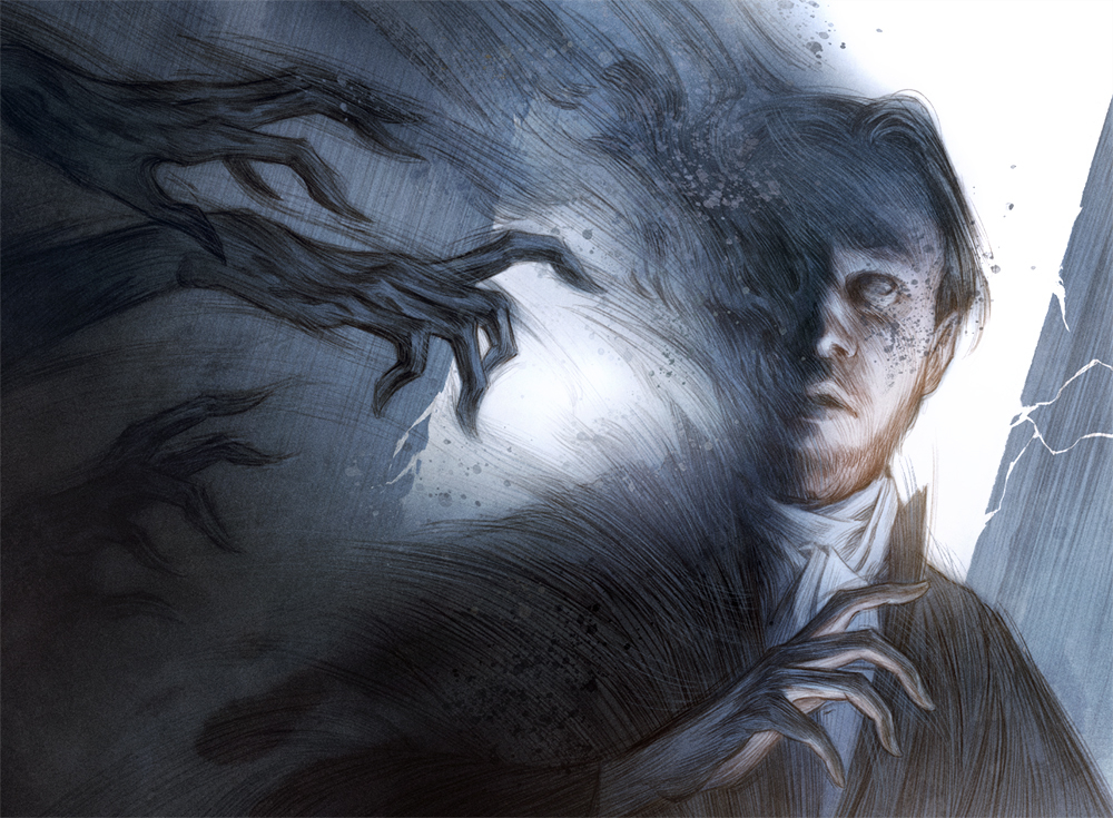 Art that was featured on a MTG card. It depicts many phantasmal hands reaching towards someone who seems to be slowly vanishing from the magic of those hands.