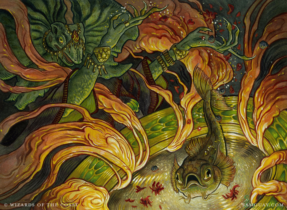 Art that was featured on a MTG card. It depicts a lizard doing magic on a fish that's floating through the air.