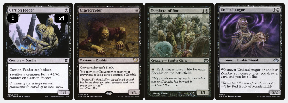 Four MTG cards that follow a Zombie tribal theme. The cards are: Carrion Feeder, Gravecrawler, Shepherd of Rot, and Undead Augur.