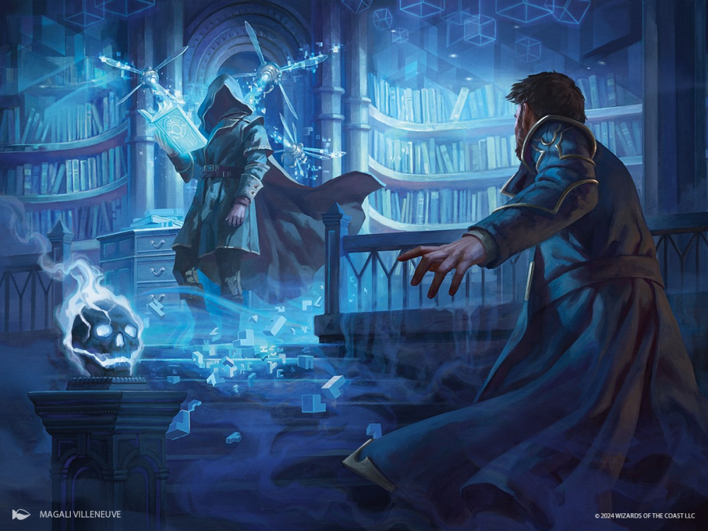 Art that was featured on a MTG card. It depicts a spellcaster who has the upper hand against someone else.