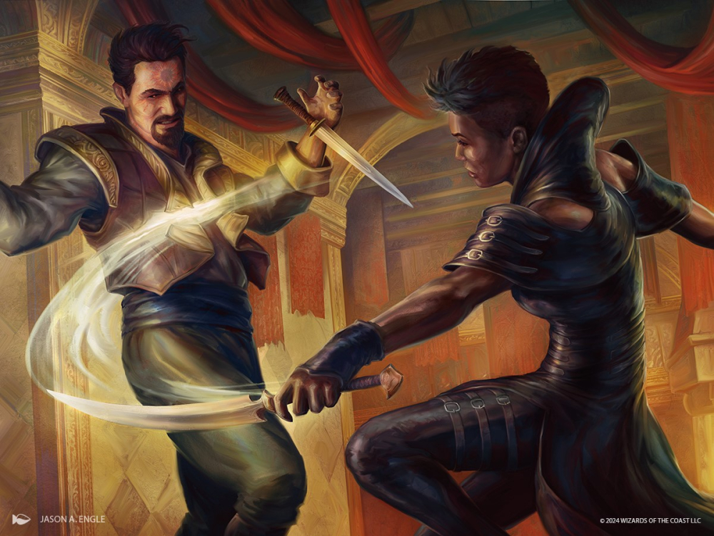 Art that was featured on a MTG card. It depicts one person slashing a blade at another.